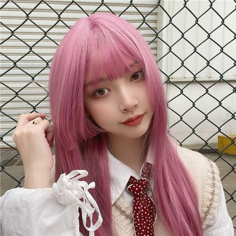 Ladies jk hime cut bangs pink long straight hair High Temperature Fiber Synthetic Wigs Pelucas Hair Daily Party Use