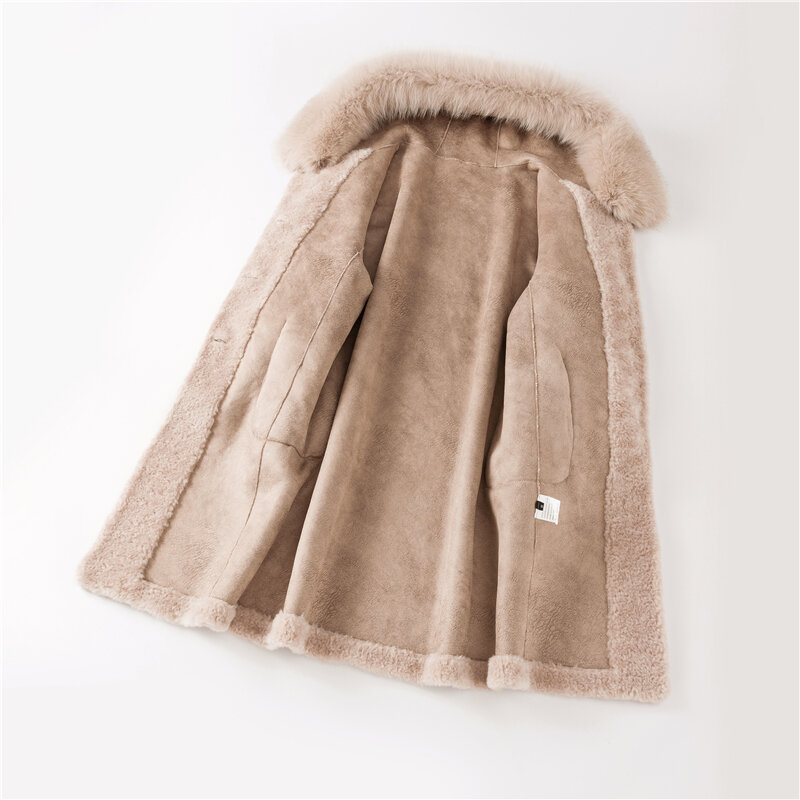 Aorice Women Long Real Sheep Fur Jacket Coat Female Fox Fur Collar Wool Fur Trench Plus Size Parkas Coats Jackets H99178-A
