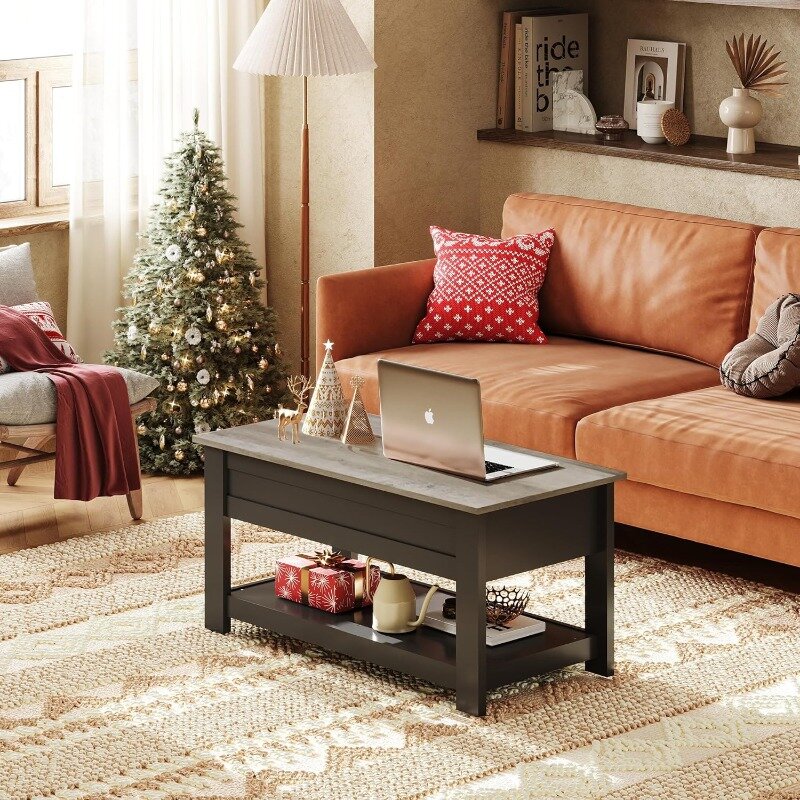 Modern Rustic Coffee Table with Storage Shelf and Hidden Compartment,Wood Lift Tabletop for Home Living Room,Black.