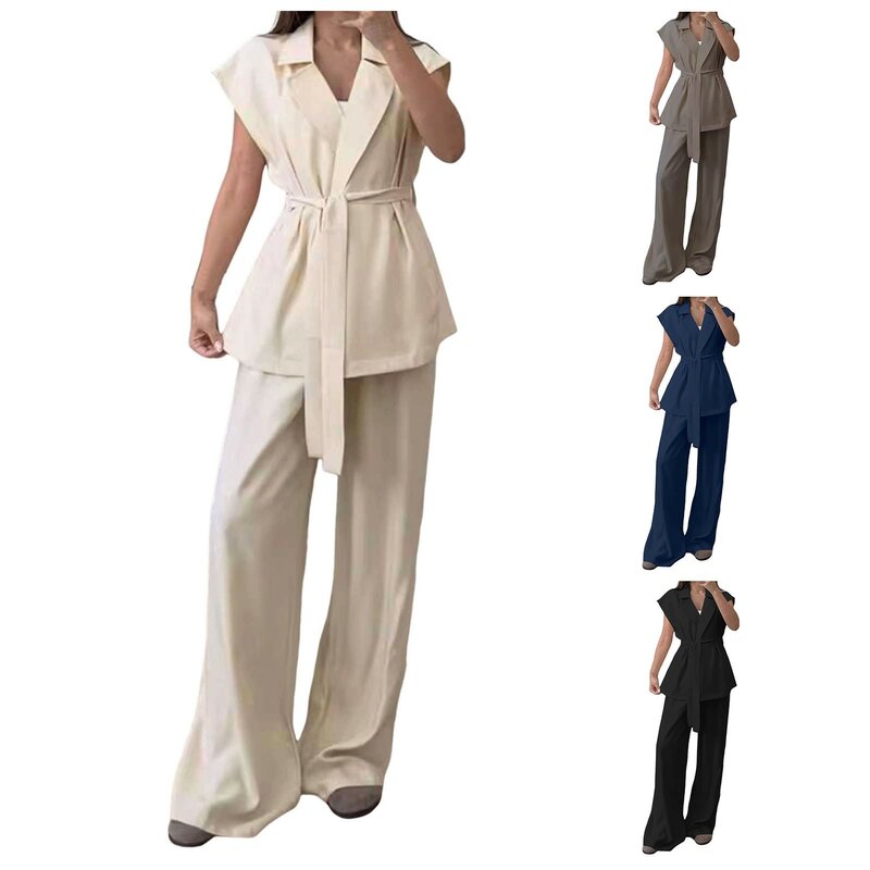 Women Fashion Solid Casual Suit Sleeveless Lac Up Cardigan High Waist Pants Suit Party Outfits for Women