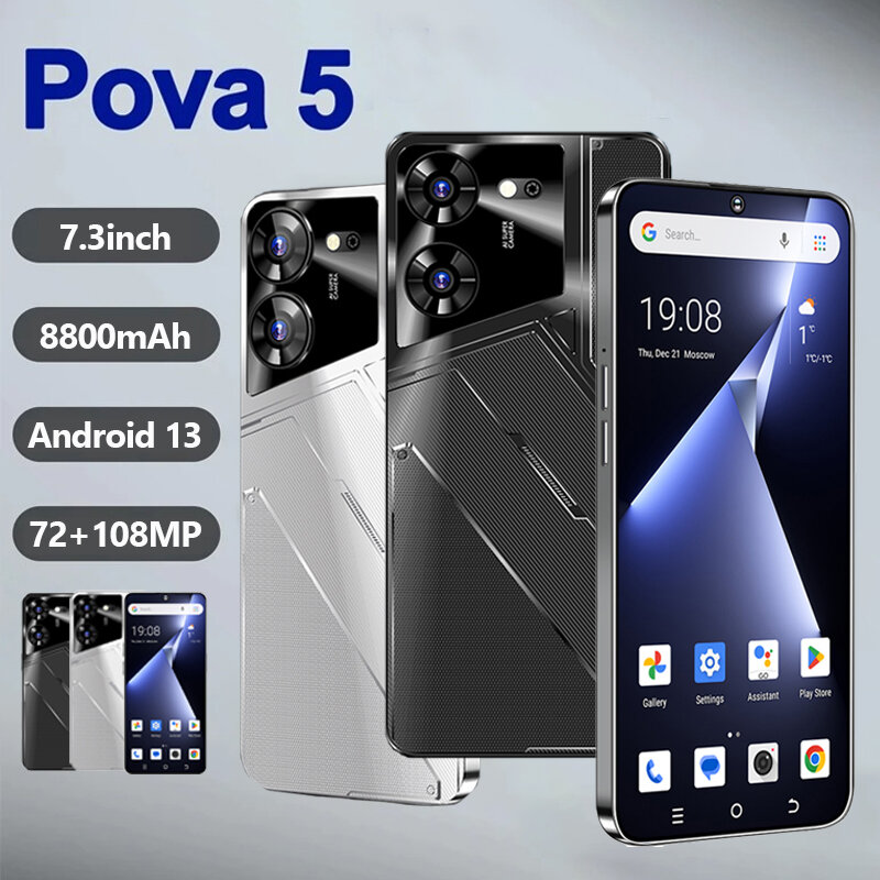 Téléphone portable Pova 5, écran HD 7.3, téléphone portable d'origine, 16G + 1T, 8800mAh, 72MP + 108MP, Android 13, OTG, touristes, SIM Face débloqué
