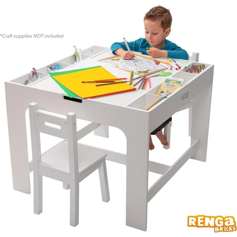 Mesa de juego 2 en 1 para niños, Juego de 2 sillas con almacenamiento, Compatible con Lego y ladrillos Duplo, mesa de actividades, muebles de juego