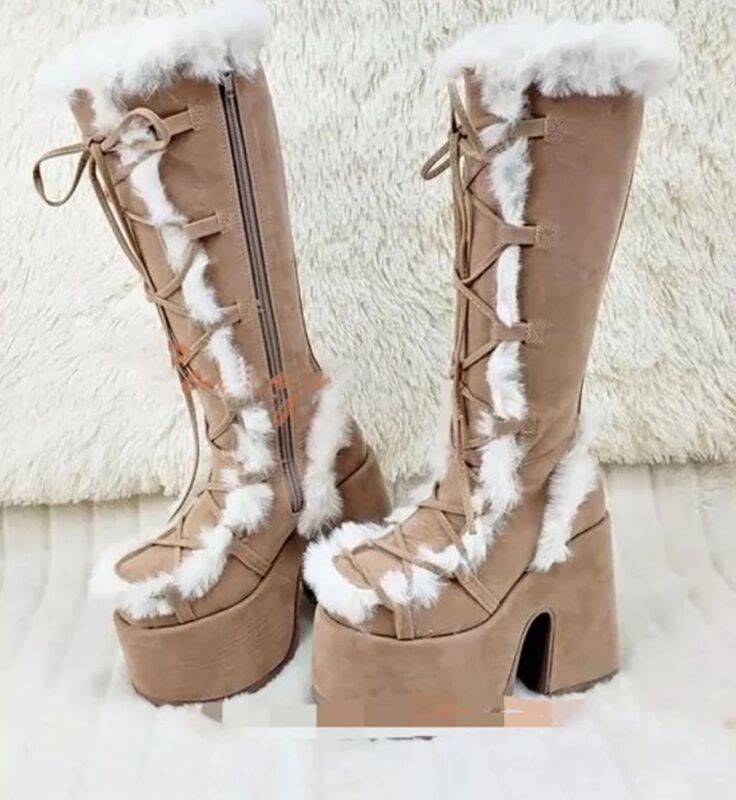 Botas de nieve con plataforma y tacón alto para mujer, zapatos de piel sintética, felpa cálida, antideslizante, media pantorrilla, estilo gótico, invierno, novedad