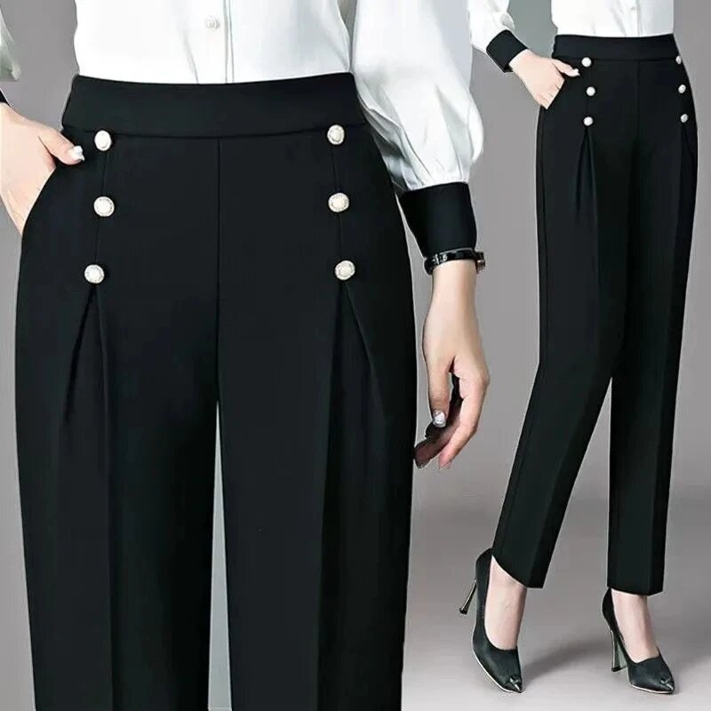 Koreańskie duże spodnie haremowe w czystym kolorze Spodnie damskie 2024 Letnie cienkie spodnie codzienne Moda Luźne spodnie garniturowe Femme 4XL