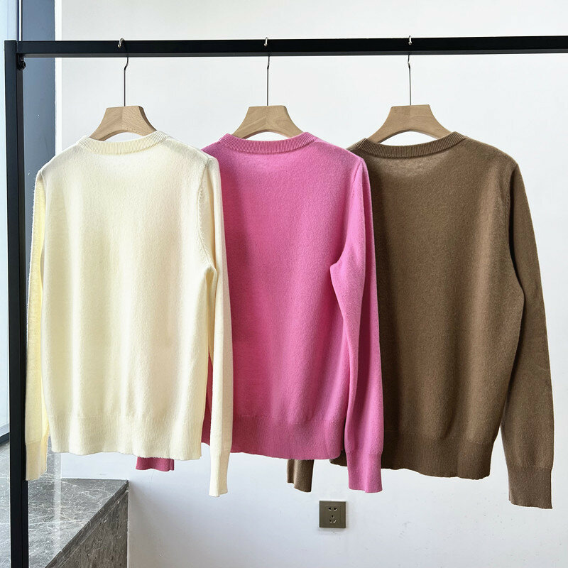 Pullover rajut wanita, 100% kasmir warna Solid pola huruf sederhana musim gugur musim dingin baru O-Neck Sweater lengan panjang