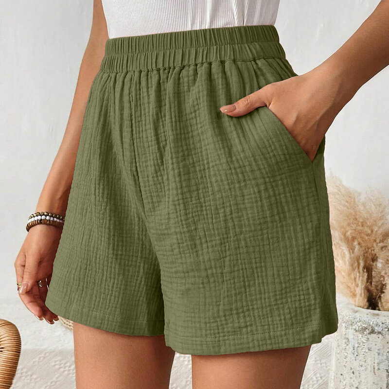 Women's Double Layered Cotton Pleats Shorts Straight Leg Casual Pants High Waist Sports Loose Shorts Fashion Streetwear