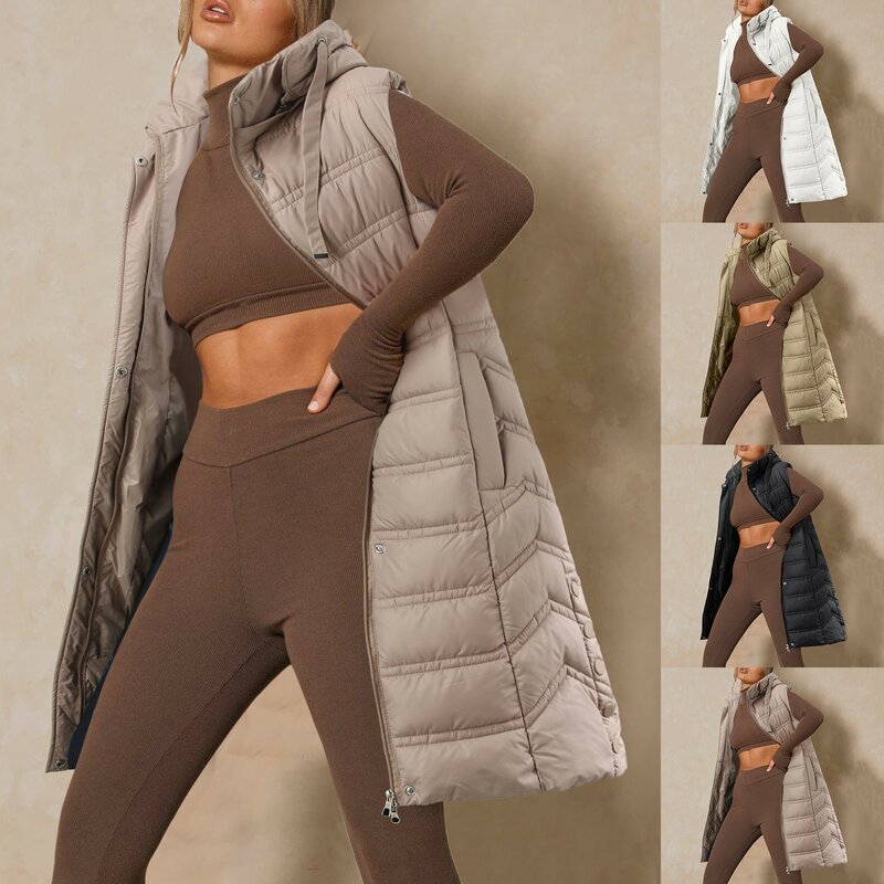 Colete longo de inverno feminino com capuz, sem mangas, jaqueta quente, bolsos, colete ao ar livre, casacos com zíper, streetwear ao ar livre
