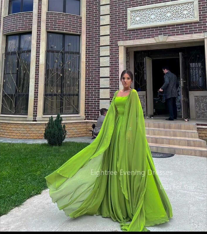 Eightree Green Evening Dresses with Cape Chiffon Square Neck A Line Formal Occasion Dress Floor Length Wedding Party Prom Gowns