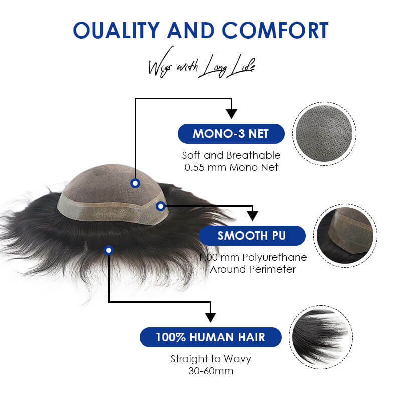 Toupee Men Mono with Clear Pu Wig 100% Natural Human Hair Breathable Male Hair Prosthesis Capillary Exhuast System Wig For Men