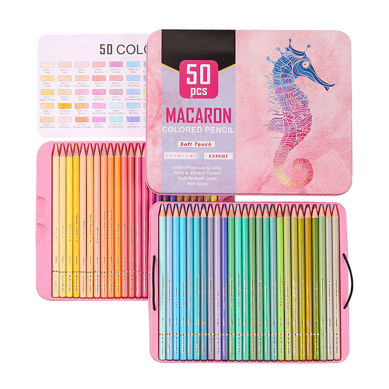 Kalour 50 pçs metálico & macaron lápis coloridos ferro caixa de presente macio desenho lápis conjunto para o artista de natal coloração arte suprimentos