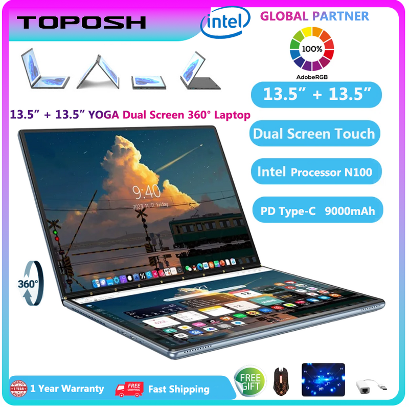 New Mini Dual 13.5" inch Screen Laptop N100 Quad Core 16GB Ram Win11 Portable PC Double Touch Screen 360°Flipped 2-in-1 Notbook