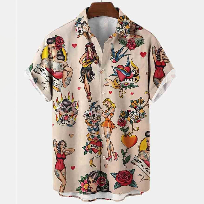 เสื้อเชิ้ตฮาวายพิมพ์ลายการ์ตูนสำหรับผู้ชายเสื้อลาย3D นางฟ้าปีศาจสำหรับฤดูร้อนปี2024เสื้อเชิ้ตชายหาด