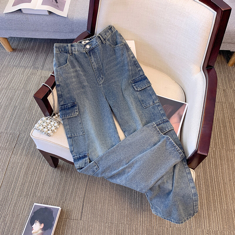 Calça jeans azul casual feminina, tecido jeans lavado, calça cargosa de bolso múltiplo, com deslocamento confortável e solto, tamanho grande, outono