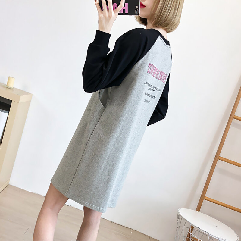 Autumn And Winter Maternity Dress Mid-length Cotton LOOPED Fabric Sweater Color-Contrast Nursing Shirt For Mom Wear 3957
