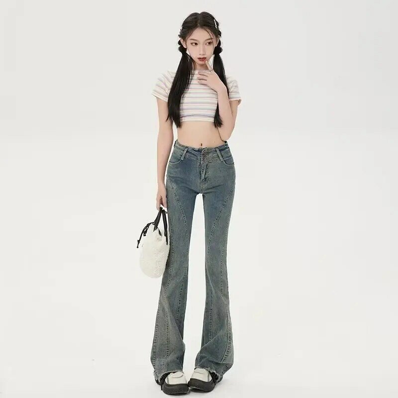 Micro jeans retrô americano pequeno para mulheres, senso de design, cintura alta e fina, calças versáteis de piso, calças esfregão