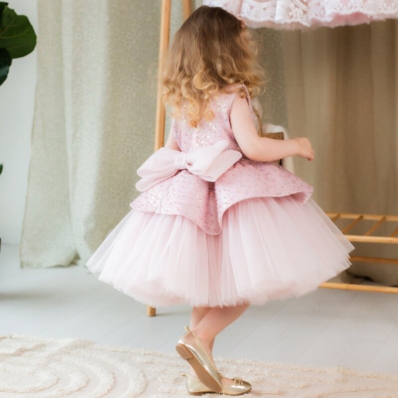 Платья для девочек с цветочным рисунком, блестящие розовые платья из тюля с бантом без рукавов для свадьбы, дня рождения, вечеринки, первого причастия