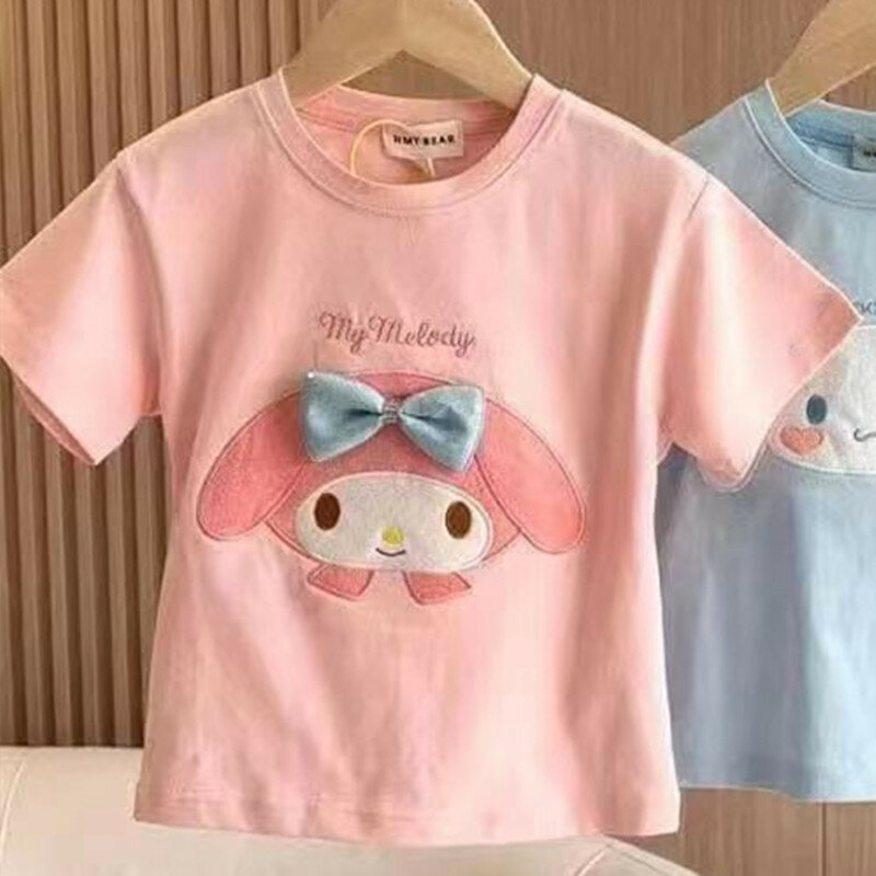 Camiseta de dibujos animados de Sanrio Cinnamoroll para niños y niñas, Tops de algodón de manga corta informales, lindo Kuromi My Melody, regalo de verano, nuevo