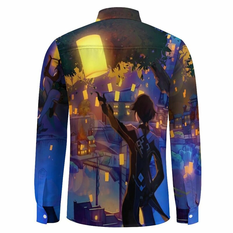 원신 임팩트 캐주얼 셔츠 남자 애니메이션 프린트 셔츠, 긴 소매 레트로 재미있는 블라우스, 가을 패턴 상의, 빅 사이즈