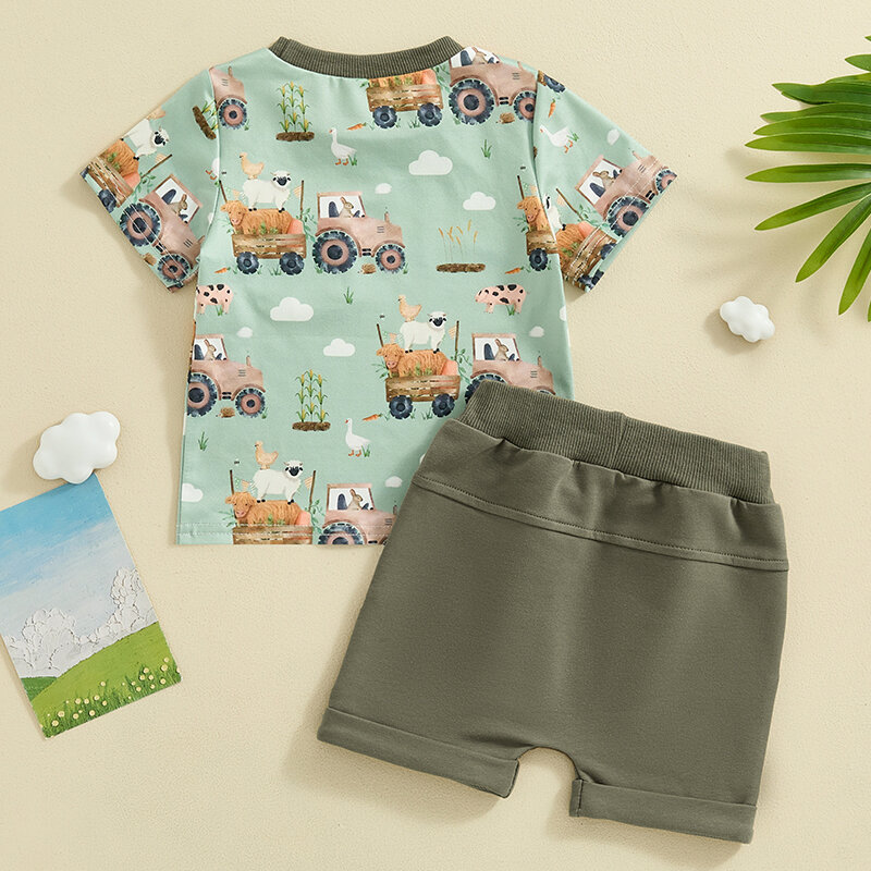 2024-03-26 lioraitiin 0-3Y Toddler Boy Summer Outfit Truck Print Short Sleeve Pocket T-Shirt with Solid Color Shorts