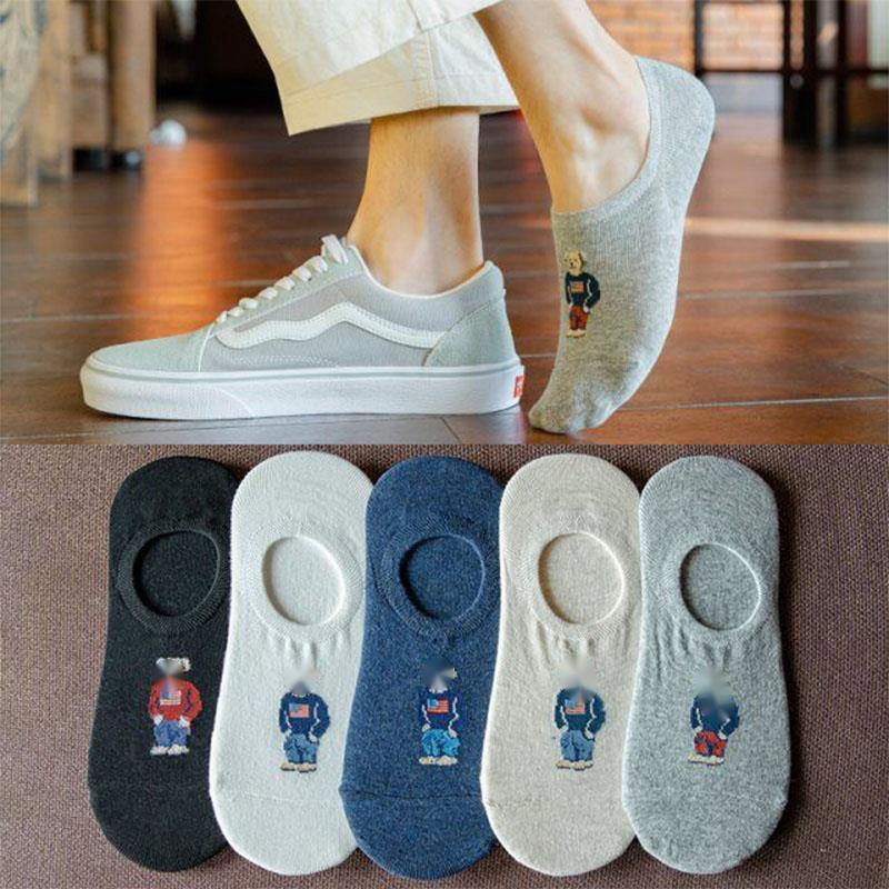 5 pair/batch fashion men boat socks non slip transparent silicone cotton ankle slippers Cartoon bear summer autumn socks