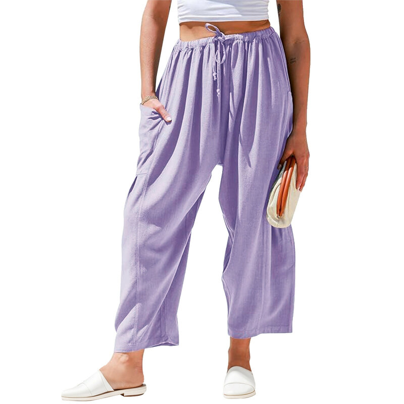 2024 Cotton Linen Harem Pants Women'S Elastic Waist Loose Comfort Casual Pants Vintage Solid Straight Trousers Summer Streetwear