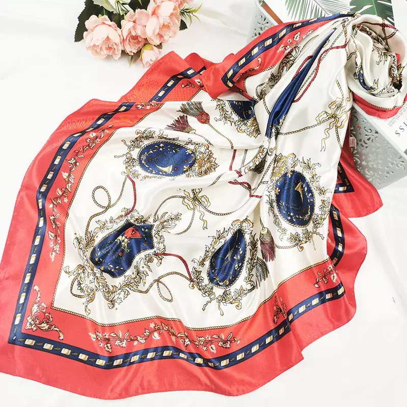 Pañuelo de seda satinada para mujer, de 90cm Hijab, diadema con estampado Floral, chales cuadrados a la moda
