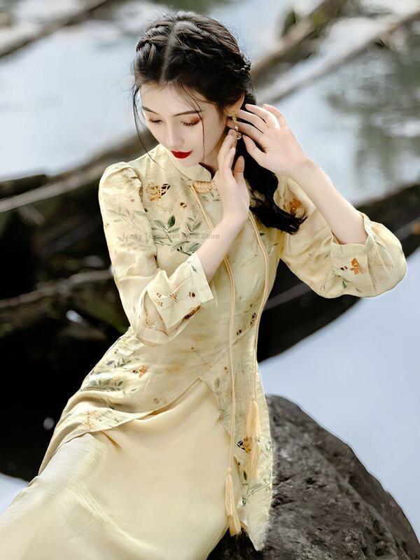 جديد الصينية نمط جمهورية الصين تحسين شيونغسام المرأة الربيع الصيف أنيقة وهمية قطعتين مطبوعة تشيباو فستان
