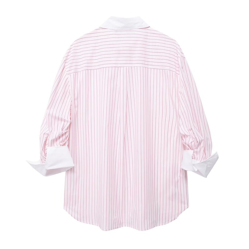 Traje de 2 piezas para mujer, camisa a rayas decorativa con bolsillo, blusa Retro de manga larga + Pantalones cortos a rayas informales, 2024