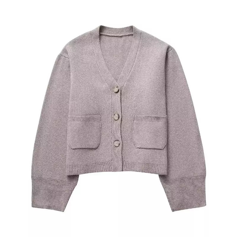 Женское трикотажное пальто, укороченное трикотажное пальто с V-образным вырезом и карманами, винтажная верхняя одежда на пуговицах с длинным рукавом, 2023