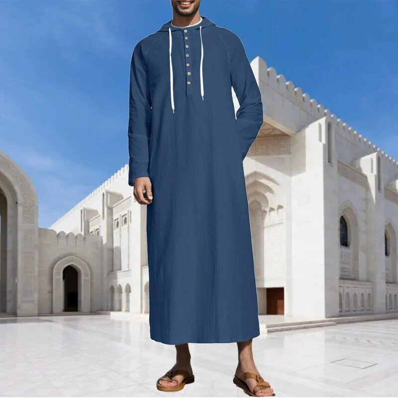 Vestido musulmán para hombre, bata árabe media de manga larga con bolsillo bordado, Camisa larga, ropa de oración de lino y algodón