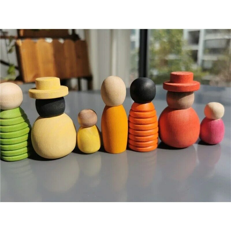 Wooden Montessori Toys Handmade Rainbow Peg Dolls Together Stacking Figurines Blocks For Children Open-ended Play