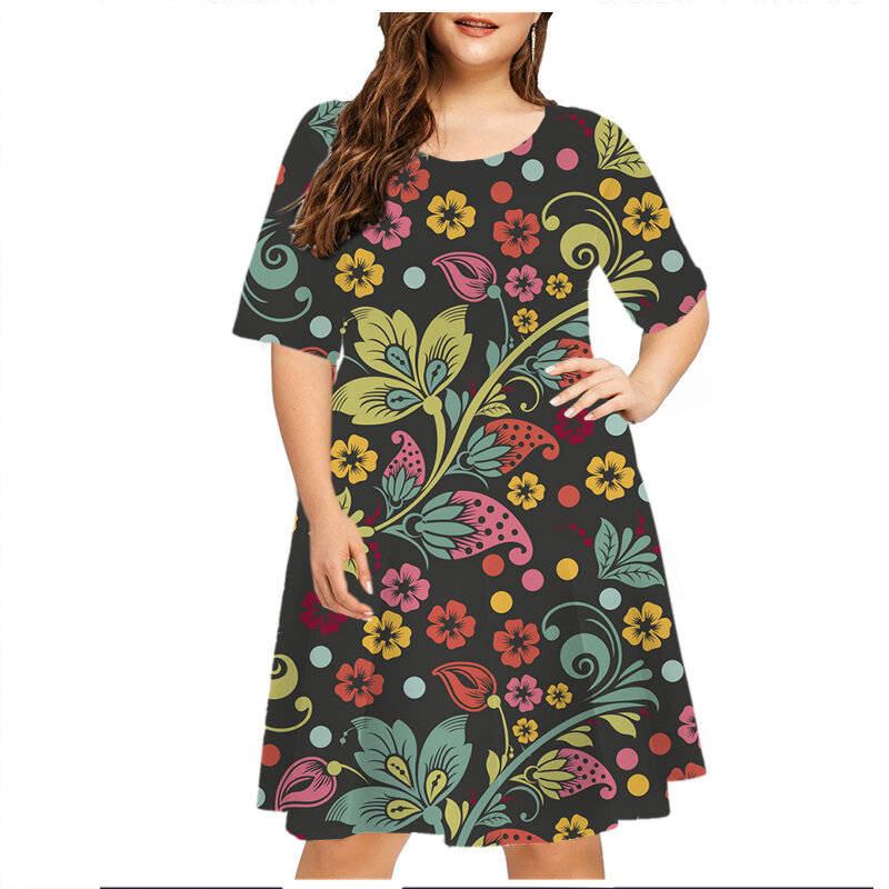 Mini robe vintage à imprimé floral pour femmes, tenue d'été décontractée à manches courtes, grande taille 6XL