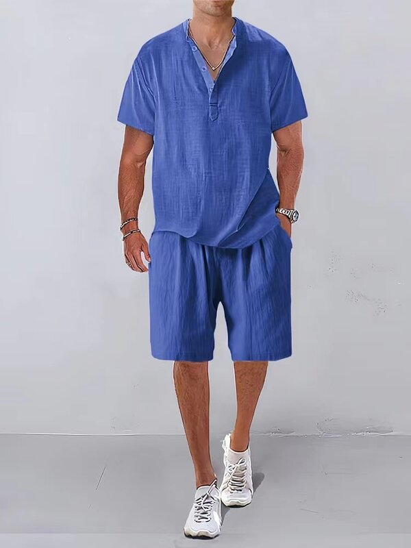 Summer men's new solid color casual short sleeved casual T-shirt and shorts set