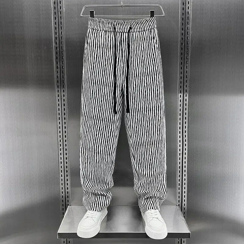 กางเกงเด็กลายทางกางเกงผู้ชายเอวสูงแบบผูกเชือก, กางเกงแฟชั่นแบบหลวมลำลองสไตล์อเมริกันฤดูร้อน
