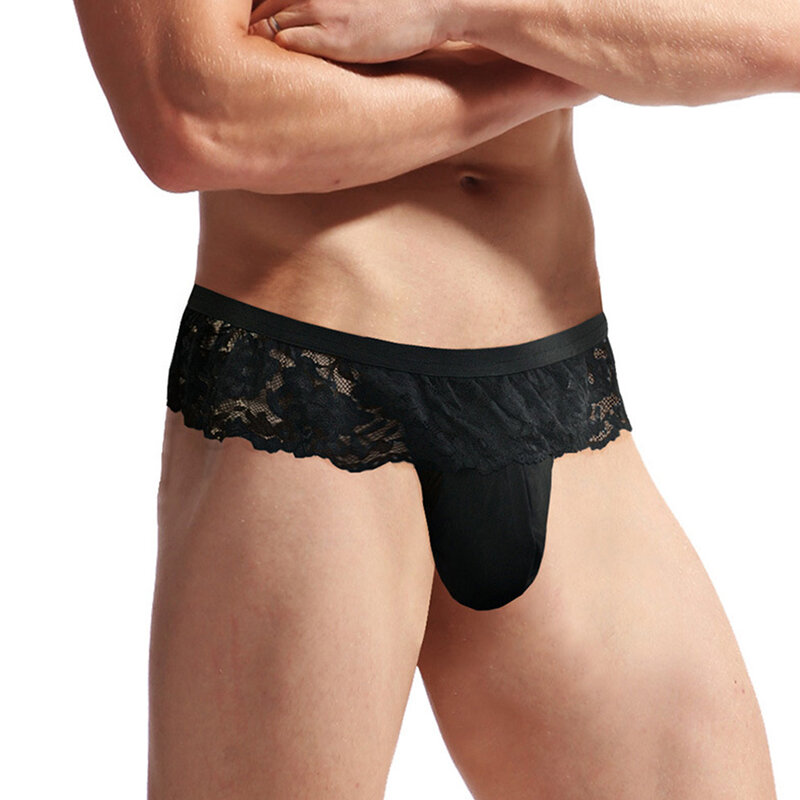 Sexy Men Sissy Thong Lace Open Butt Panties Big Pouch U Convex Man Sheer G-String  Solid Short Skirt Gay Man Erotic Underwear