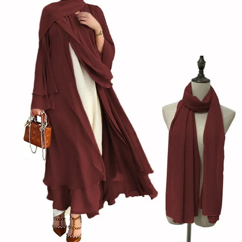 Vestido Abaya Muçulmano Conjunto com Hijab, Veste de Oração Islâmica, Frente Aberta Flowy Maxi Cardigan, Oriente Médio Abaya, 2 Pcs