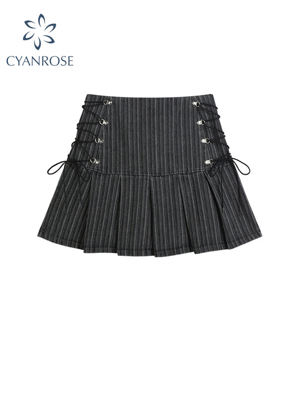 Y2k plisowana spódnica kobiety Sexy wysokiej talii szary pasek bandaż krótka spódniczka 2022 lato nowa linia spódnica Vintage Harajuku Streetwar