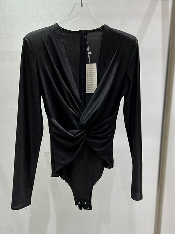 VGH-body Sexy con pliegues sólidos para mujer, traje de manga larga con cuello en V, cintura alta, ajustado, ropa de moda femenina