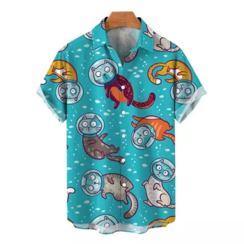 하와이안 오버사이즈 남성 셔츠, 만화 고양이 새 패턴 꽃 프린트, 소셜 남성 그래피티 의류, 빈티지 하라주쿠, 여름 신상