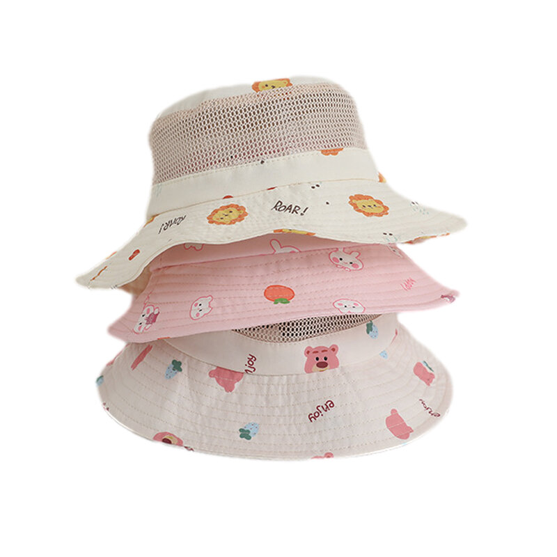 2024 Summer Children Hat Cartoon Print Mesh Bucket Hats for Girls Boys Beach accessori per la protezione UV articoli per bambini 3-8 anni