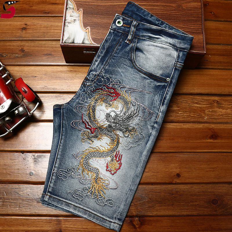 Chiński styl haftowany dżinsowe szorty męskie moda uliczna i przystojny modny Retro rozciągliwe dopasowanie spodenki dla motocyklisty