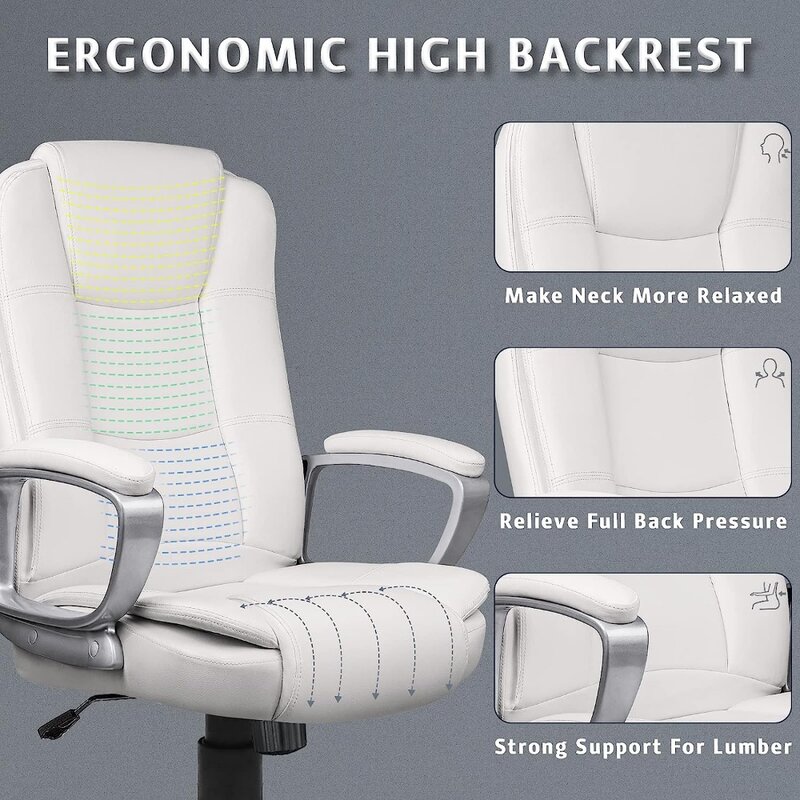 Office Desk Chair,  High Back Computer Chair, Ergonomic Adjustable Height PU Leather Chairs with Cushions Armrest  (White)