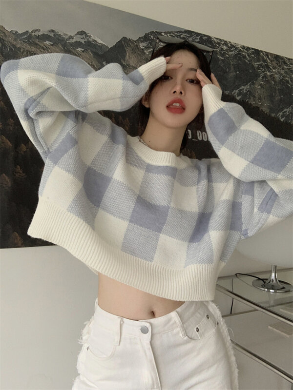 Plaid Sweaters Women Autumn O-neck Loose Fashion Japanese Style Retro Sweet Elegant Daily Simple All-match Students Streetwear