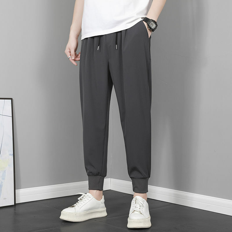 2024 New Casual Summer Men's Solid Elastic Waist Drawstring Thin Style Ice Silk Fabric Sweatpants Loose Ankle Length Pants