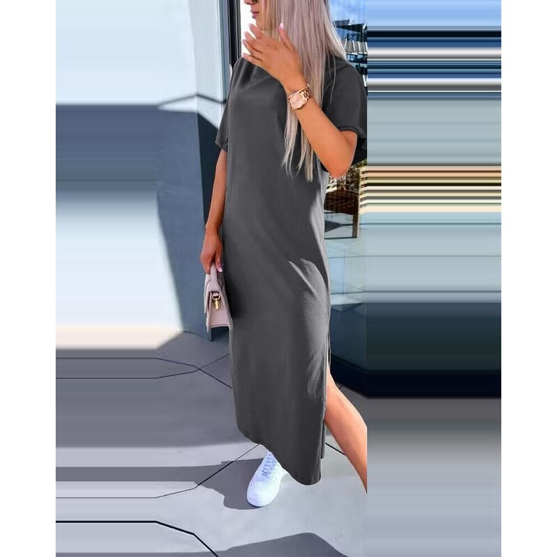 캐주얼 반팔 O-넥 미디 여성 원피스, 사이드 슬릿 긴 캐주얼 티셔츠 드레스, 데일리 팜므 여름 의상