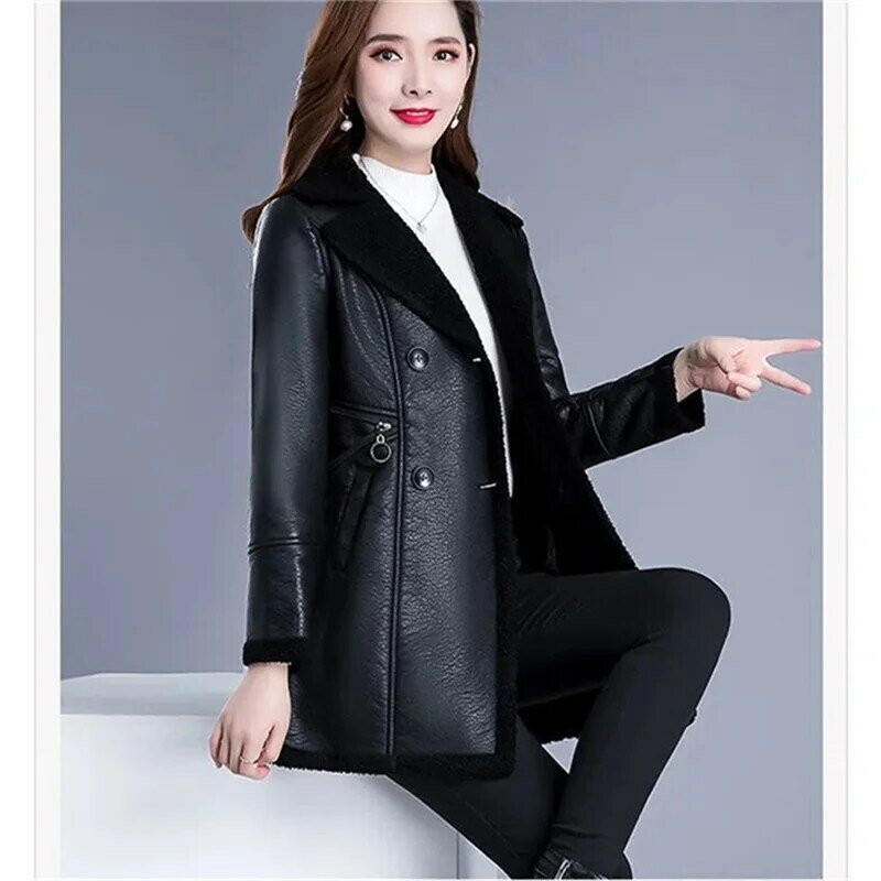 Leather Coat  Female Coat Winter 2022 Medium Long Add Velvet Keep Warm Coats Slim Fit Skin Hair One Body Leather Jacket Ladies