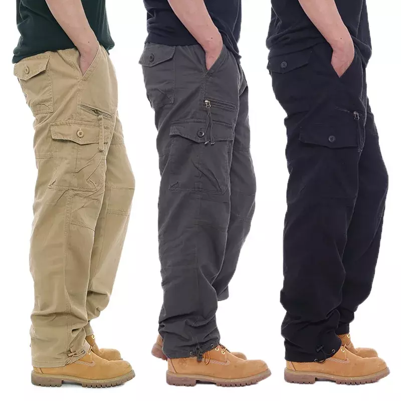 Overall katun sederhana pria, celana kasual pinggang elastis ukuran besar banyak saku