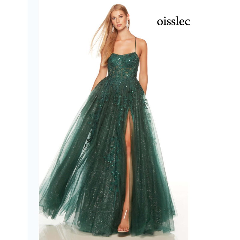 Oisslec Evening Dress Prom Embroidery Dress Splits Fromal Dress Backless Celebrity Dresses Glitter Tulle Party Gown Customize
