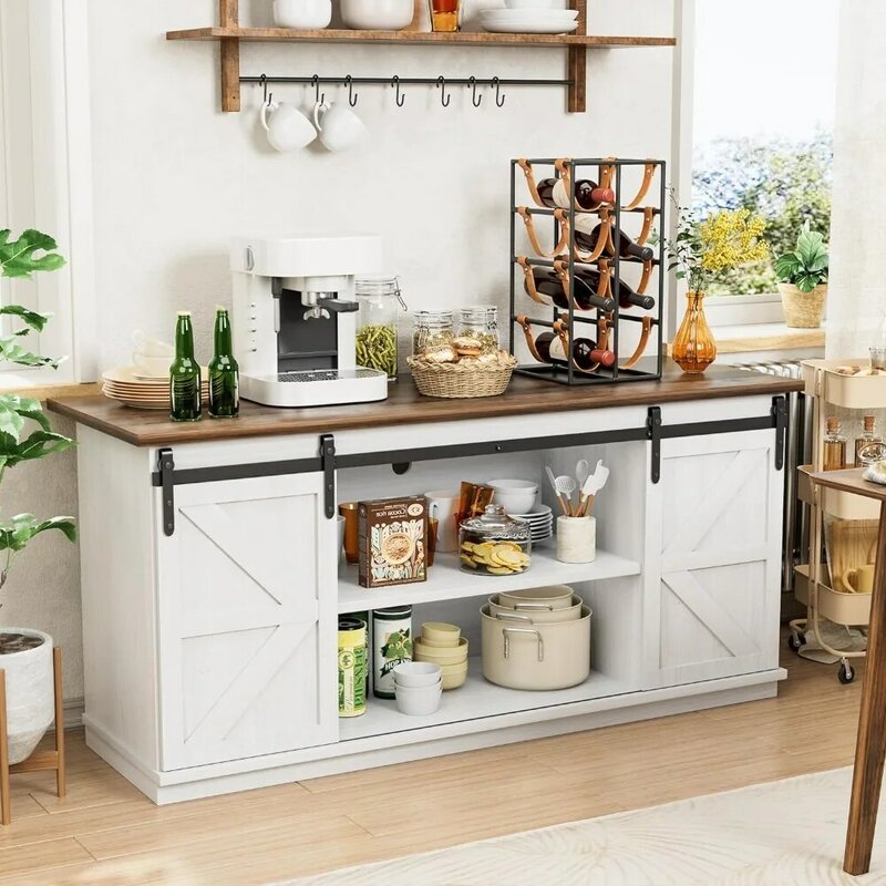 Farmhouse Sideboard Buffet Cabinet, Coffee Bar Storage with Sliding Barn Doors, Shelf for Home Dining Room, 27.5 Height, White