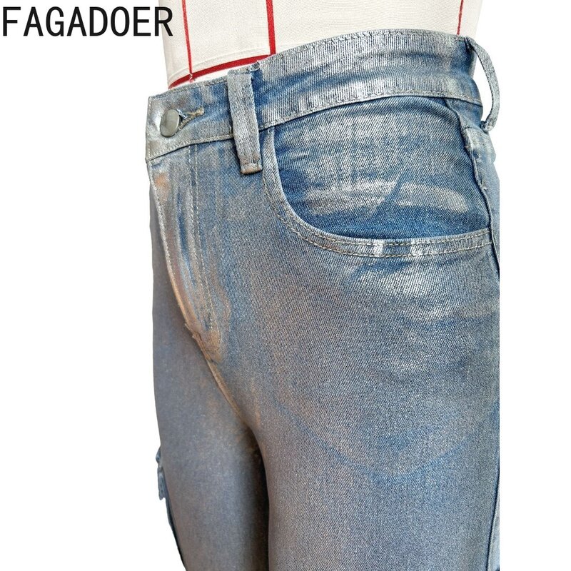 Fagadoer Mode funkelnde Tasche Cargo hose Frauen hoch taillierte Knopf gerade Hosen weibliche einfarbige passende Hose